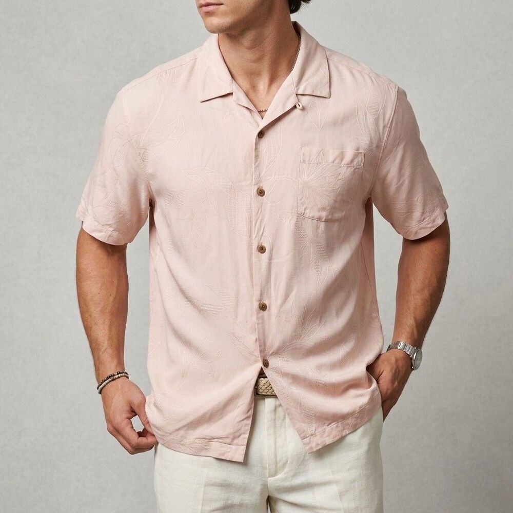Tommy Bahama Shirt Mens Large Original Fit Pink Button Silk Preppy Beach